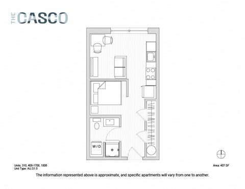 Floor plan for studio, 1 bath, 407 sqft